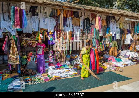 Apparel and souvenirs for sale at the Htilominlo temple archeological site in Bagan, Myanmar Stock Photo