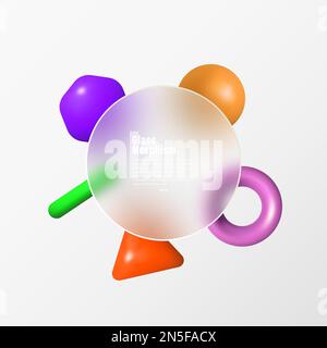 Circle in glass morphism style. Vector banner ui design template. Circle with geometric shapes of colored geometry on a gray background. Stock Vector