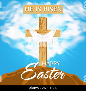 Happy Easter. Religious design with a wooden cross on Calvary in rays of divine light and blue sky. He is Risen. Happy Easter. Vector illustration. Stock Vector
