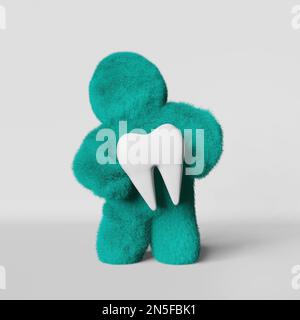 Cute turquoise fur Yeti holds white healthy molar tooth 3D rendering. Faceless fluffy bigfoot. Creative dental clinic advertisiment banner Dentist Day Stock Photo