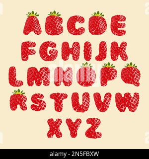 Font with strawberry texture. Cute English alphabet with letters in the form of ripe red strawberries. Cartoon berry children's font. Vector illustrat Stock Vector