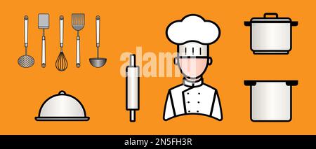 Chef icon set. Collection of cooking kitchen utensils. Clip art Vector illustration Stock Vector