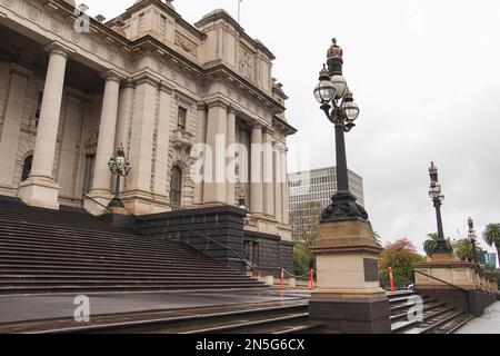 Melbourne, Victoria, Australia - 10 Apr 2014: Parliament House, meeting place of Parliament of Victoria along Spring Street, Melbourne city, Victoria, Stock Photo