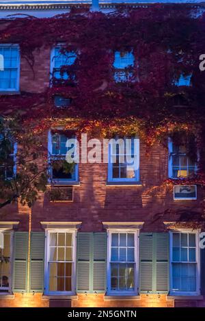 Facade of a house at night, Greenwich Village, New York, USA Stock Photo