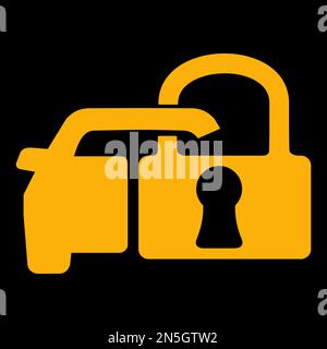Amber vector graphic on a black background of a dashboard warning light for security light. It consists of a car and a padlock Stock Vector