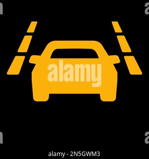Amber vector graphic on a black background of a dashboard warning light for lane departure Stock Vector