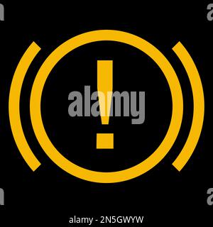 Amber vector graphic on a black background of a dashboard warning light for problem with the car's brakes Stock Vector