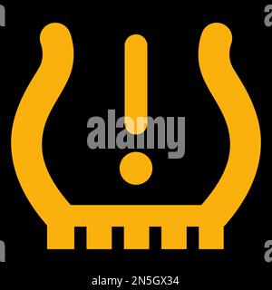 Amber vector graphic on a black background of a dashboard warning light for tyre pressure problem Stock Vector