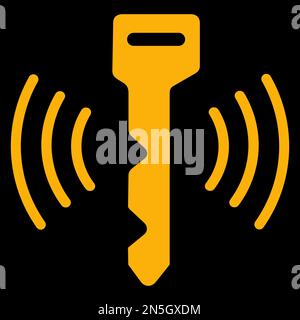 Amber vector graphic on a black background of a dashboard warning light for key fob detected. It consists of a key and circles representing electronic Stock Vector