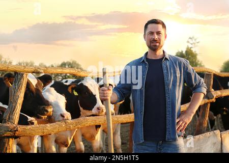 Worker with shovel near cow pen on farm. Animal husbandry Stock Photo ...
