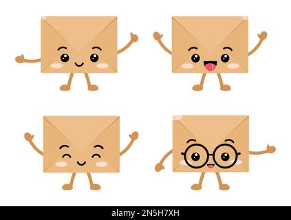 Craft envelopes cute kawaii character with arms and legs set. Stock Vector