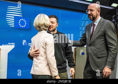 BRUSSELS - Ukrainian President Volodimir Zelensky during a press conference at an inserted EU summit. The meeting will discuss, among other things, EU support to Ukraine and the growing migration problems in Europe. ANP JONAS ROOSENS netherlands out - belgium out Stock Photo