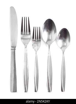 Set of Five Stainless Steal Pieces of Silverware Isolated on a White Background Stock Photo