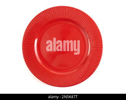 An Empty and Clean Red Plate Isolated on a White Background Stock Photo