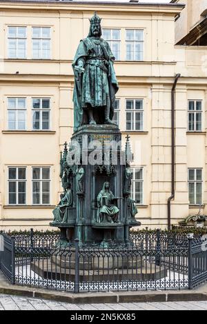 The statue of King Charles IV, Holy Roman Emperor, located at Křižovnické Square in Prague, on the east bank of the Charles Bridge, Czech Republic. Stock Photo