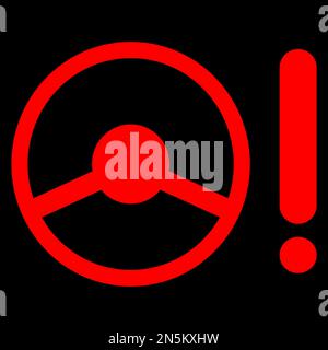 Red vector graphic on a black background of a dashboard warning light for a problem with the power steering system Stock Vector