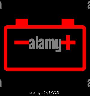 Red vector graphic on a black background of a dashboard warning light for a problem with the battery Stock Vector