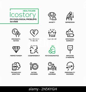Psychological problems and emotions - line design style icons set Stock Vector