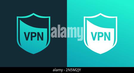 Shield emblem for sticker, logo or icon of VPN. Vector illustration isolated on black and turquoise color. Stock Vector