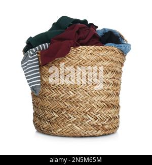 Wicker laundry basket with clothes isolated on white Stock Photo