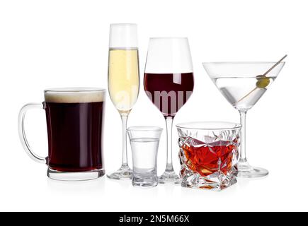 Many different alcoholic drinks on white background Stock Photo