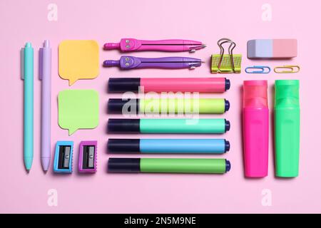 Different school stationery on pink background, flat lay Stock Photo
