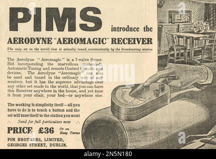 1935 advert for the Aerodyne 'Aeromagic' receiver.  A radio set claimed to be the world's first to allow automatic tuning via a remote. Stock Photo