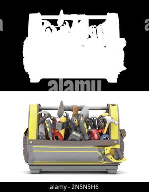 different tools set in tool bag concept of repair tools warehouse promotion front view 3d render on white with alpha Stock Photo