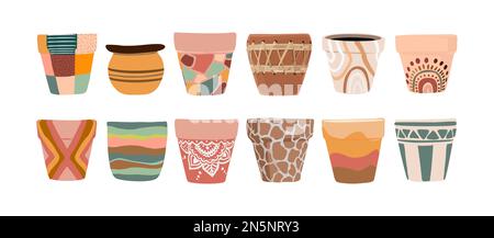 Set of ceramic flower pots with different stylish decoration.  Stock Vector