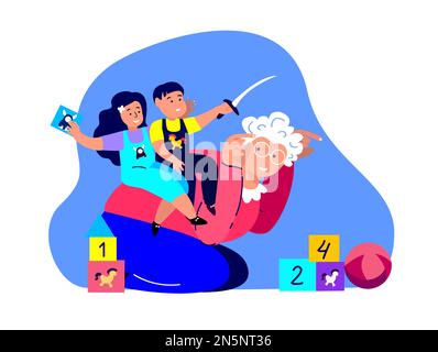 Happy Old Grandmother,Babysitter,Smiling Laughing Children Playing.Elderly Pensioner Granny Riding Kids.Girl and Boy Have Fun.Smiling Child.Cheerful C Stock Photo
