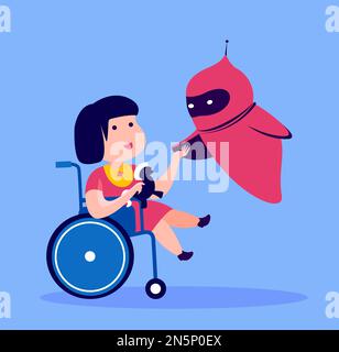 Smart Chat bot, Cyber Robot Plays and Spend Time Disabled Handicapped Girl in Wheelchair. Artificial Intellect Support Invalid Child. Dialog help Serv Stock Photo