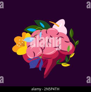 Beautiful Flowered Brain System,Cerebrum Structure.Flower Anatomy.Floral Internal Organ.Neurology Organ.Cerebellum Health.Anatomical Bright Healthy Br Stock Photo