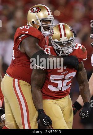 FILE - San Francisco 49ers linebacker Patrick Willis (52) celebrates after  sacking New York Giants quarterback Eli Manning in the third quarter of an  NFL football game in San Francisco, Sunday, Nov.