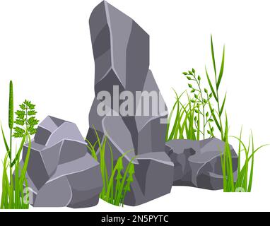 Stone in green grass. Gray rock. Landscape element Stock Vector