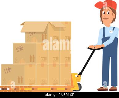Warehouse worker carrying cardboard boxes on warehouse cargo cart Stock Vector