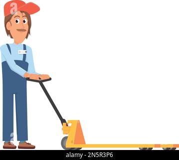 Warehouse worker push empty cargo cart. Logistics icon Stock Vector