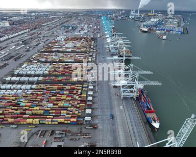 Rotterdam, 19th of January 2023, The Netherlands. An aerial drone photo showcases the impressive operation and organization of the Rotterdam harbor. Stock Photo