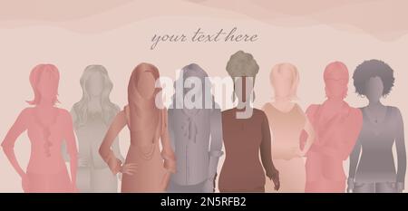 Communication group of multicultural diversity women and girls - face silhouette. International women's day.Female social community of diverse culture Stock Vector