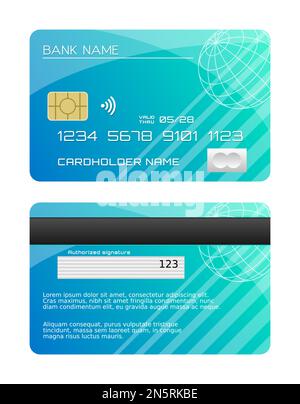 Detailed shiny credit card template. Both front and back side of debit card. Smart credit card with contactless technology. Wireless connectivity Stock Vector
