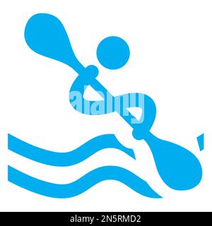 Blue and white vector graphic of a map symbol for paddle based water activities. It consists of a blue silhouette of a person paddling a canoe Stock Vector