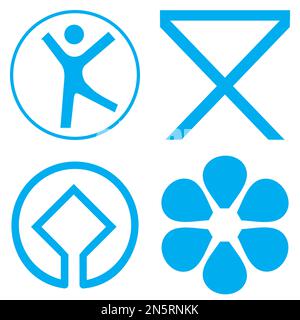 Vector graphic set of map symbols. Blue and white icons for recreational area, picnic area, heritage site and an arboretum or gardens Stock Vector