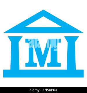 Blue and white vector graphic of a map symbol for a museum. It consists of a blue silhouette of a temple like building with the capital letter M, on a Stock Vector