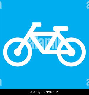 Blue and white vector graphic of a map symbol for bicycle trail. It consists of a white silhouette of a bicycle on a blue background Stock Vector