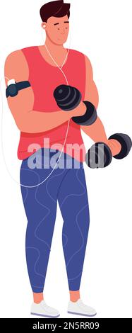 Guy training with dumbbells. Power lifting workout isolated on white background Stock Vector