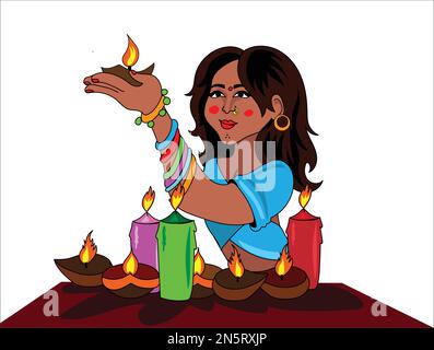 Diwali vector illustration, girl holding candle Stock Vector