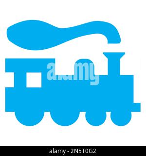 Blue and white vector graphic of a map symbol for preserved railway. It consists of a blue silhouette of a steam train with smoke coming from its funn Stock Vector