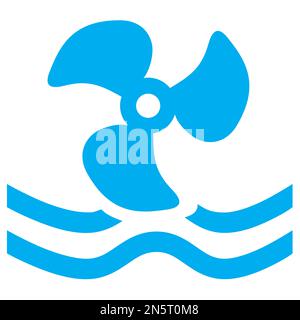 Blue and white vector graphic of a map symbol for propeller based water activities. It consists of a blue silhouette of a propeller spinning in waves Stock Vector