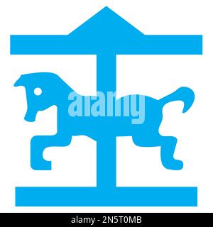 Blue and white vector graphic of a map symbol for a theme park. It consists of a blue silhouette of a horse on a merry go round Stock Vector