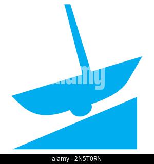 Blue and white vector graphic of a map symbol for a slipway. It consists of a blue silhouette of a sailing boat on a simple ramp Stock Vector