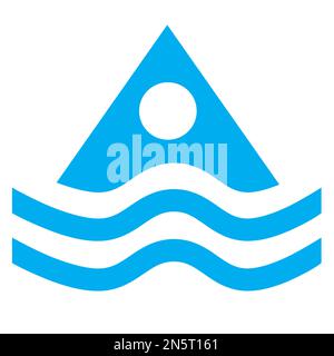 Blue and white vector graphic of a map symbol for water sports centre. It consists of a blue silhouette of a triangle floating above the waves Stock Vector